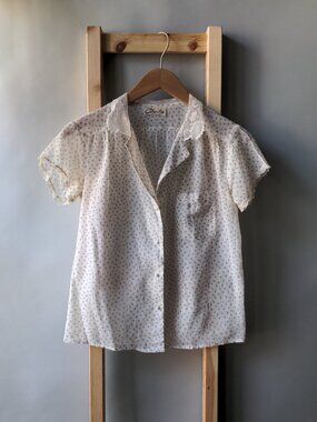 Vintage 1970s Ditsy Floral Button Up Short Sleeve Shirt Cream Purple Small